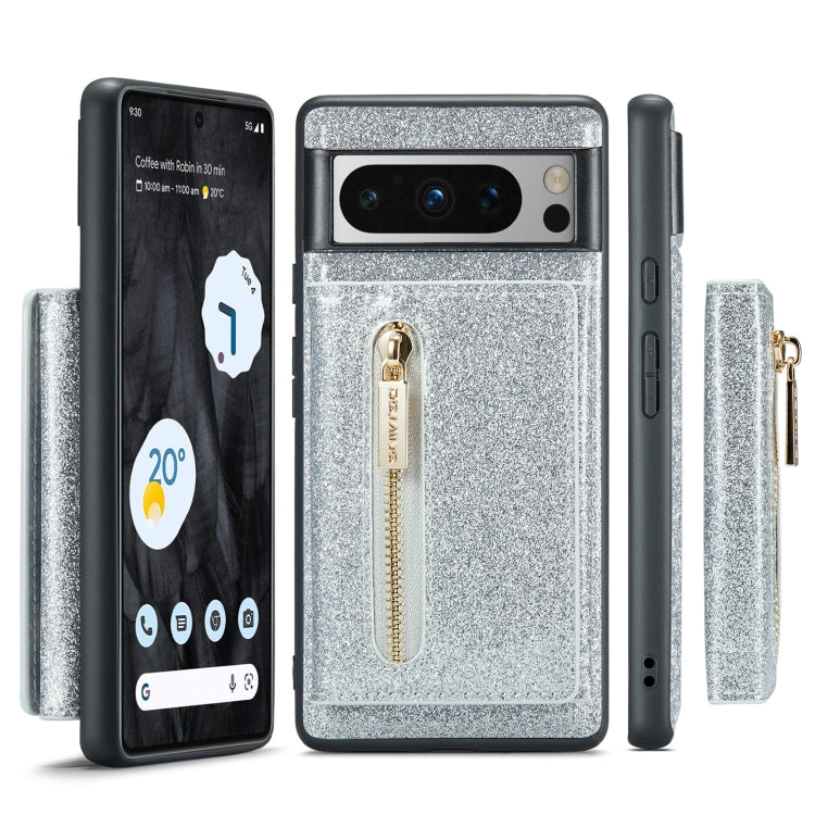 For Google Pixel 8 Pro DG.MING M3 Series Glitter Powder Card Bag Leather Case(Silver) - Google Cases by DG.MING | Online Shopping South Africa | PMC TechLife | Buy Now Pay Later Mobicred