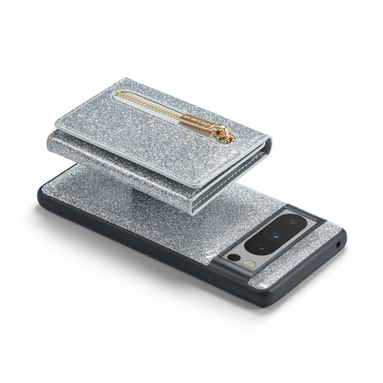 For Google Pixel 8 Pro DG.MING M3 Series Glitter Powder Card Bag Leather Case(Silver) - Google Cases by DG.MING | Online Shopping South Africa | PMC TechLife | Buy Now Pay Later Mobicred