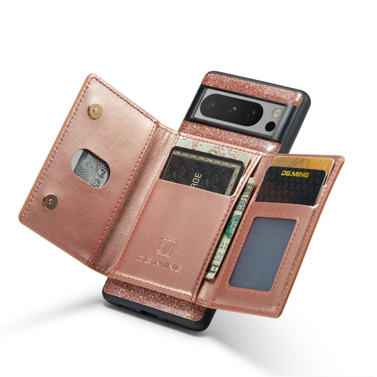 For Google Pixel 8 Pro DG.MING M3 Series Glitter Powder Card Bag Leather Case(Rose Gold) - Google Cases by DG.MING | Online Shopping South Africa | PMC TechLife | Buy Now Pay Later Mobicred