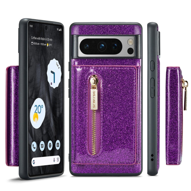 For Google Pixel 8 Pro DG.MING M3 Series Glitter Powder Card Bag Leather Case(Dark Purple) - Google Cases by DG.MING | Online Shopping South Africa | PMC TechLife | Buy Now Pay Later Mobicred