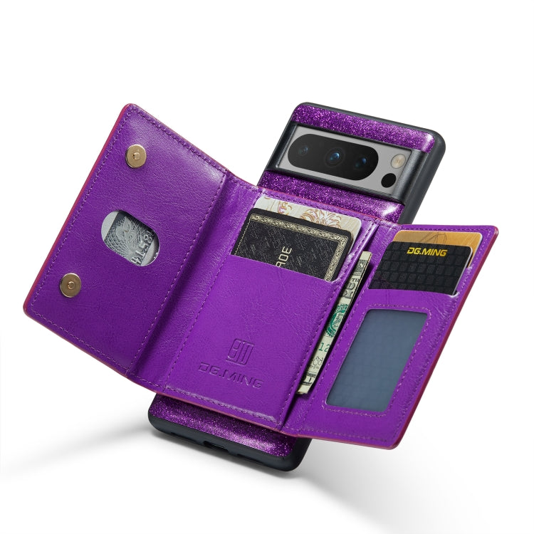 For Google Pixel 8 Pro DG.MING M3 Series Glitter Powder Card Bag Leather Case(Dark Purple) - Google Cases by DG.MING | Online Shopping South Africa | PMC TechLife | Buy Now Pay Later Mobicred
