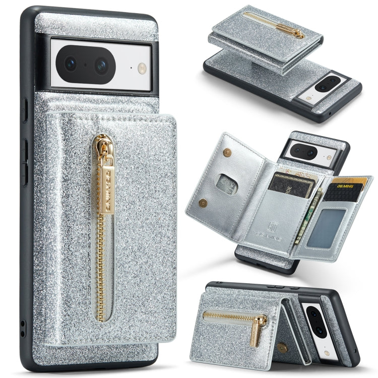 For Google Pixel 8 DG.MING M3 Series Glitter Powder Card Bag Leather Case(Silver) - Google Cases by DG.MING | Online Shopping South Africa | PMC TechLife | Buy Now Pay Later Mobicred