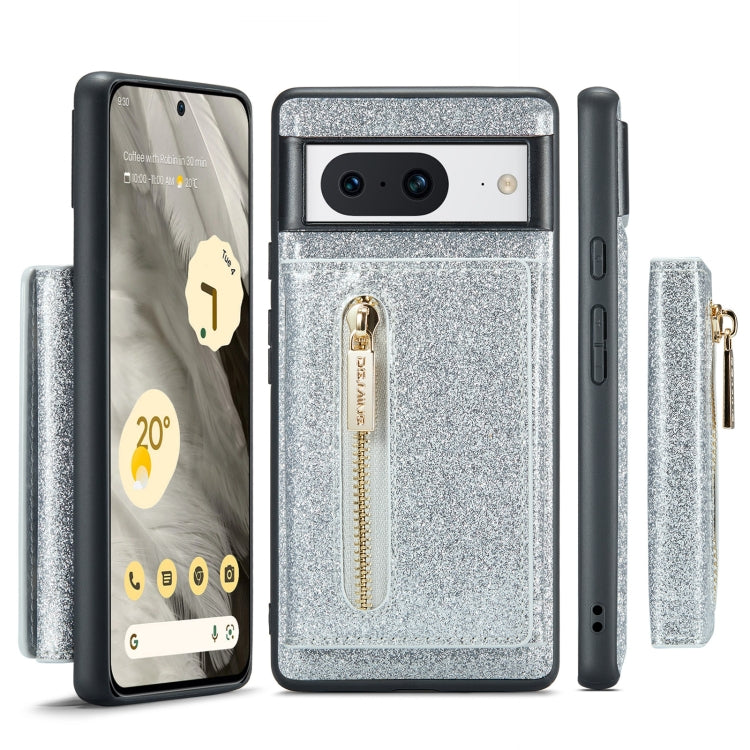 For Google Pixel 8 DG.MING M3 Series Glitter Powder Card Bag Leather Case(Silver) - Google Cases by DG.MING | Online Shopping South Africa | PMC TechLife | Buy Now Pay Later Mobicred
