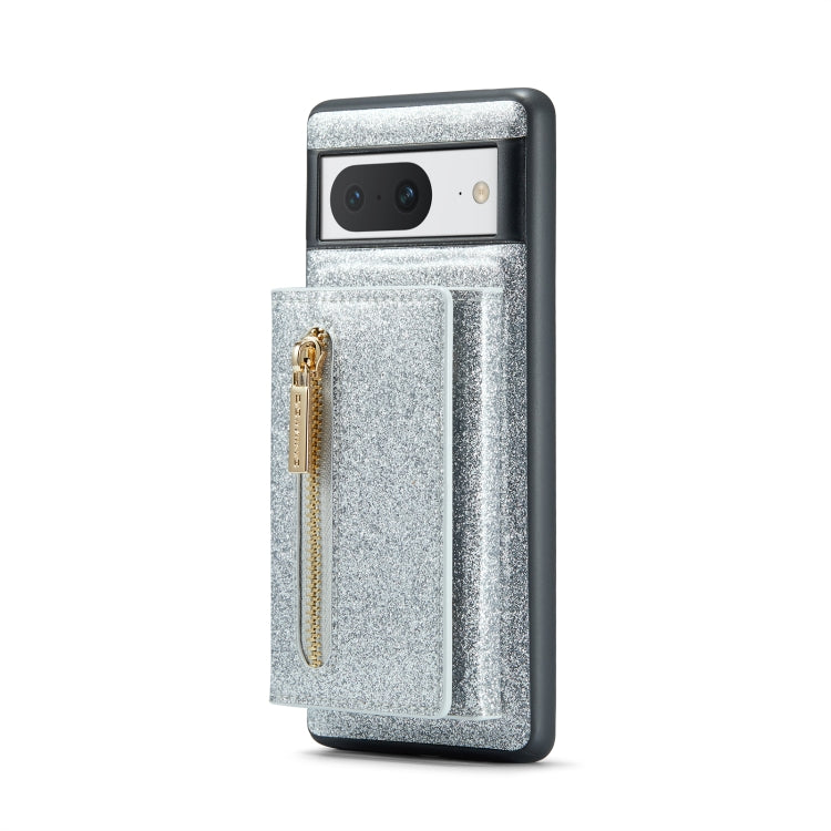 For Google Pixel 8 DG.MING M3 Series Glitter Powder Card Bag Leather Case(Silver) - Google Cases by DG.MING | Online Shopping South Africa | PMC TechLife | Buy Now Pay Later Mobicred