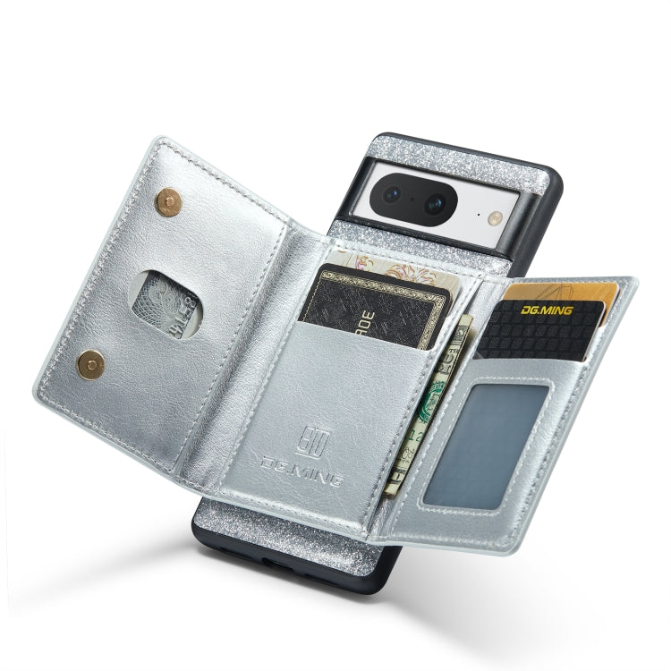 For Google Pixel 8 DG.MING M3 Series Glitter Powder Card Bag Leather Case(Silver) - Google Cases by DG.MING | Online Shopping South Africa | PMC TechLife | Buy Now Pay Later Mobicred