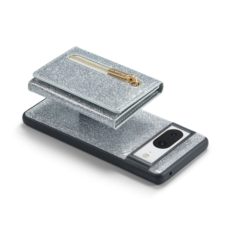 For Google Pixel 8 DG.MING M3 Series Glitter Powder Card Bag Leather Case(Silver) - Google Cases by DG.MING | Online Shopping South Africa | PMC TechLife | Buy Now Pay Later Mobicred