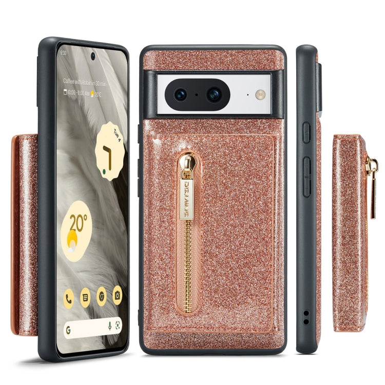 For Google Pixel 8 DG.MING M3 Series Glitter Powder Card Bag Leather Case(Rose Gold) - Google Cases by DG.MING | Online Shopping South Africa | PMC TechLife | Buy Now Pay Later Mobicred