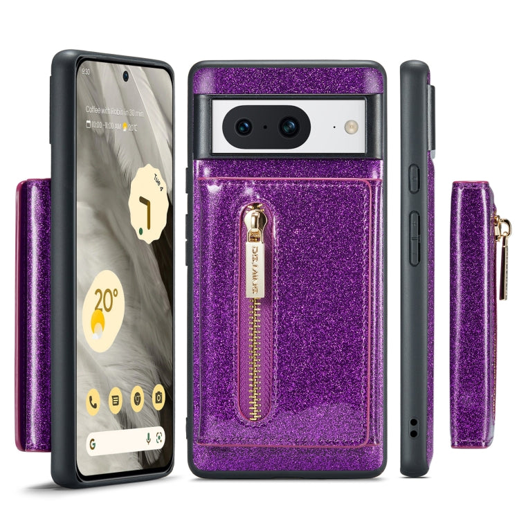 For Google Pixel 8 DG.MING M3 Series Glitter Powder Card Bag Leather Case(Dark Purple) - Google Cases by DG.MING | Online Shopping South Africa | PMC TechLife | Buy Now Pay Later Mobicred