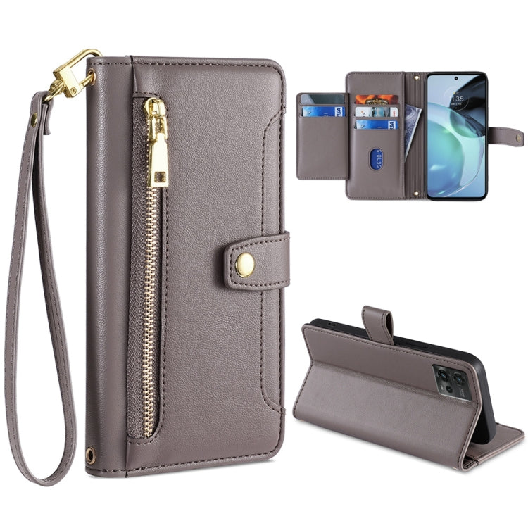 For Motorola Moto G72 4G Sheep Texture Cross-body Zipper Wallet Leather Phone Case(Grey) - Motorola Cases by PMC TechLife | Online Shopping South Africa | PMC TechLife | Buy Now Pay Later Mobicred