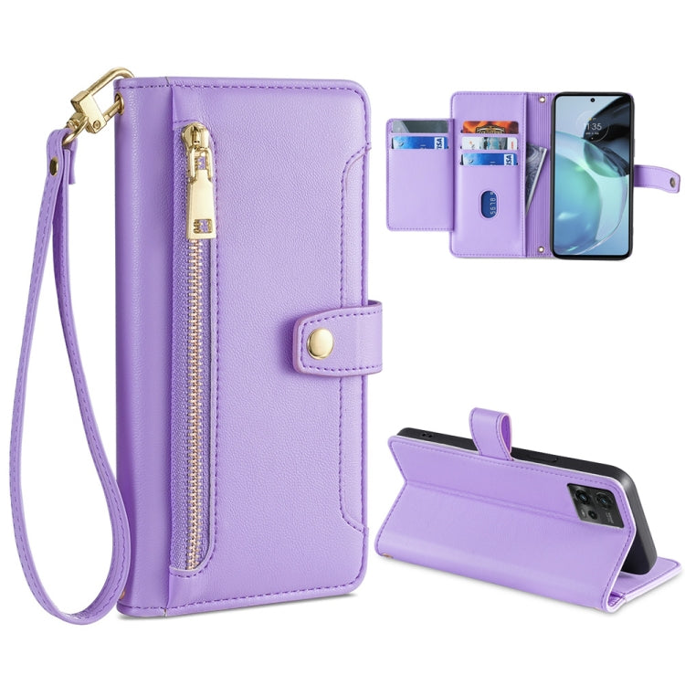 For Motorola Moto G72 4G Sheep Texture Cross-body Zipper Wallet Leather Phone Case(Purple) - Motorola Cases by PMC TechLife | Online Shopping South Africa | PMC TechLife | Buy Now Pay Later Mobicred