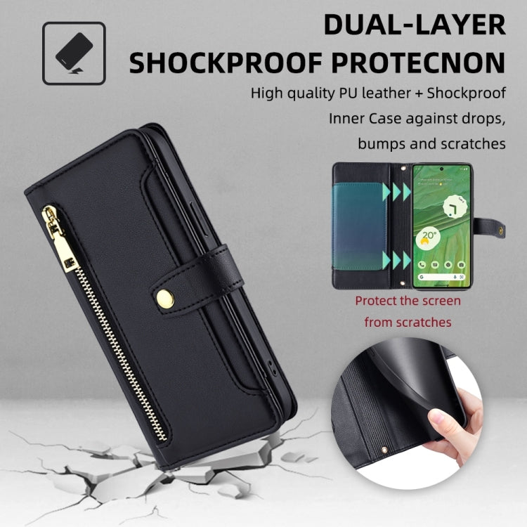 For Google Pixel 7 5G Sheep Texture Cross-body Zipper Wallet Leather Phone Case(Black) - Google Cases by PMC TechLife | Online Shopping South Africa | PMC TechLife | Buy Now Pay Later Mobicred