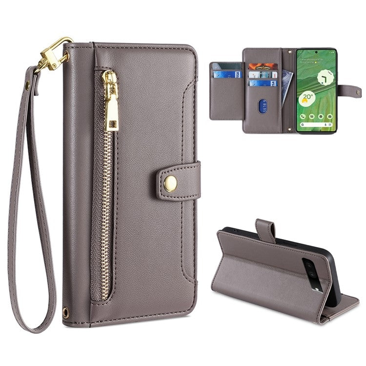 For Google Pixel 7 5G Sheep Texture Cross-body Zipper Wallet Leather Phone Case(Grey) - Google Cases by PMC TechLife | Online Shopping South Africa | PMC TechLife | Buy Now Pay Later Mobicred