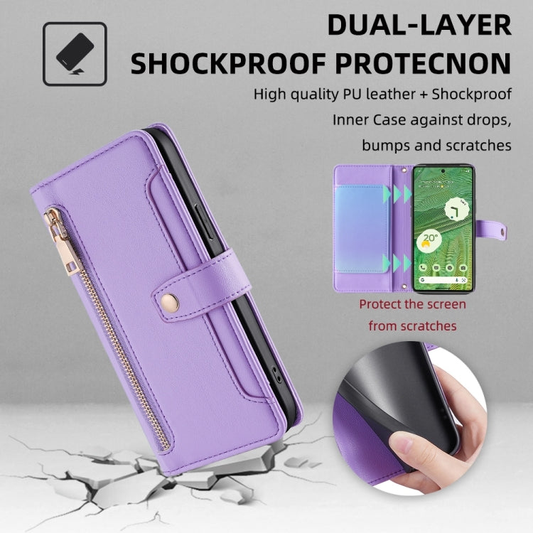 For Google Pixel 7 5G Sheep Texture Cross-body Zipper Wallet Leather Phone Case(Purple) - Google Cases by PMC TechLife | Online Shopping South Africa | PMC TechLife | Buy Now Pay Later Mobicred