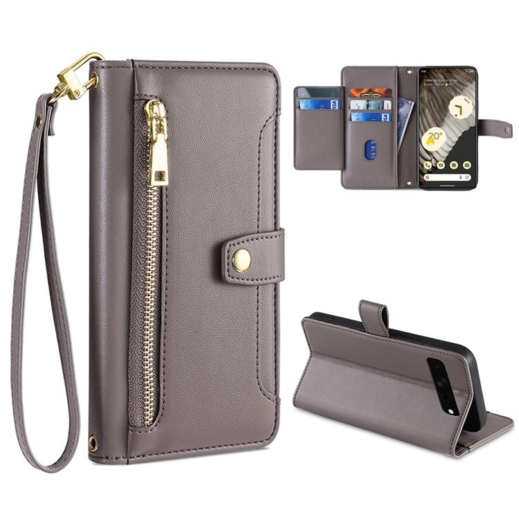 For Google Pixel 7 Pro Sheep Texture Cross-body Zipper Wallet Leather Phone Case(Grey) - Google Cases by PMC TechLife | Online Shopping South Africa | PMC TechLife | Buy Now Pay Later Mobicred