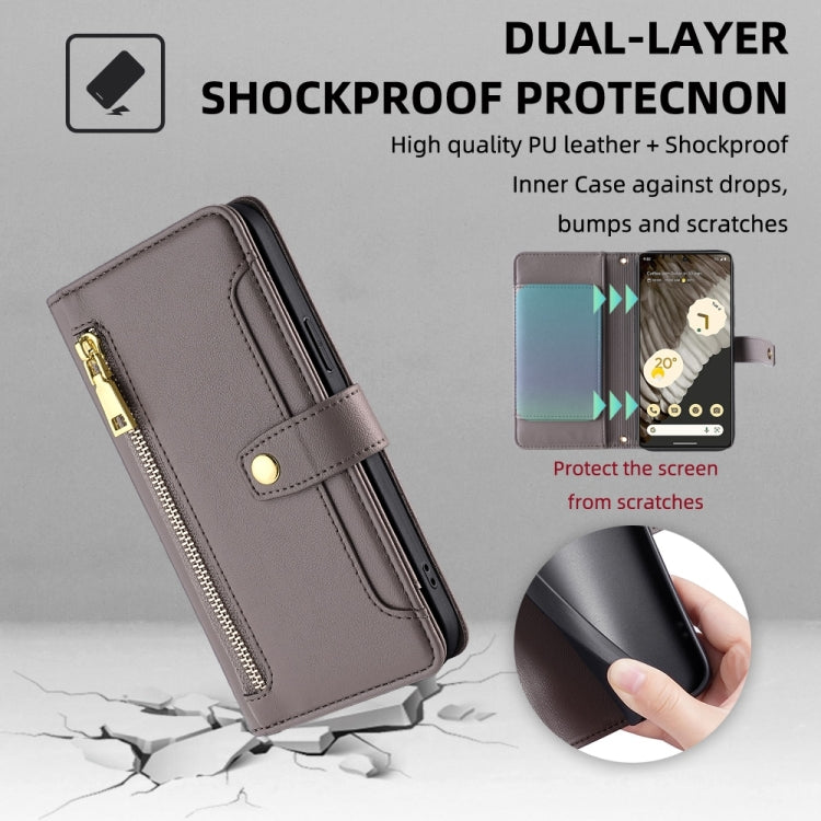 For Google Pixel 7 Pro Sheep Texture Cross-body Zipper Wallet Leather Phone Case(Grey) - Google Cases by PMC TechLife | Online Shopping South Africa | PMC TechLife | Buy Now Pay Later Mobicred