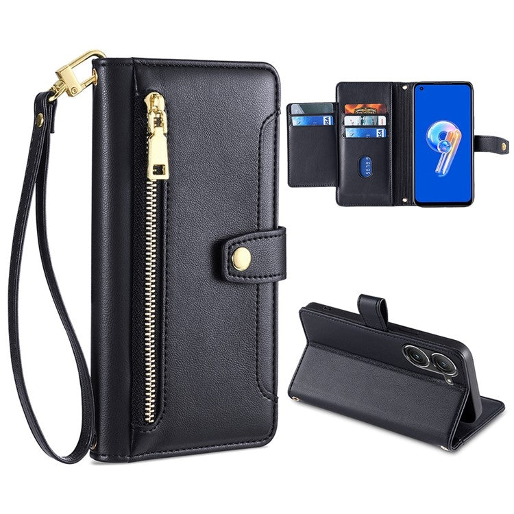 For ASUS Zenfone 9 / Zenfone 9Z Sheep Texture Cross-body Zipper Wallet Leather Phone Case(Black) - ASUS Cases by PMC TechLife | Online Shopping South Africa | PMC TechLife | Buy Now Pay Later Mobicred