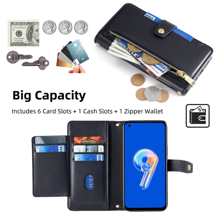 For ASUS Zenfone 9 / Zenfone 9Z Sheep Texture Cross-body Zipper Wallet Leather Phone Case(Black) - ASUS Cases by PMC TechLife | Online Shopping South Africa | PMC TechLife | Buy Now Pay Later Mobicred