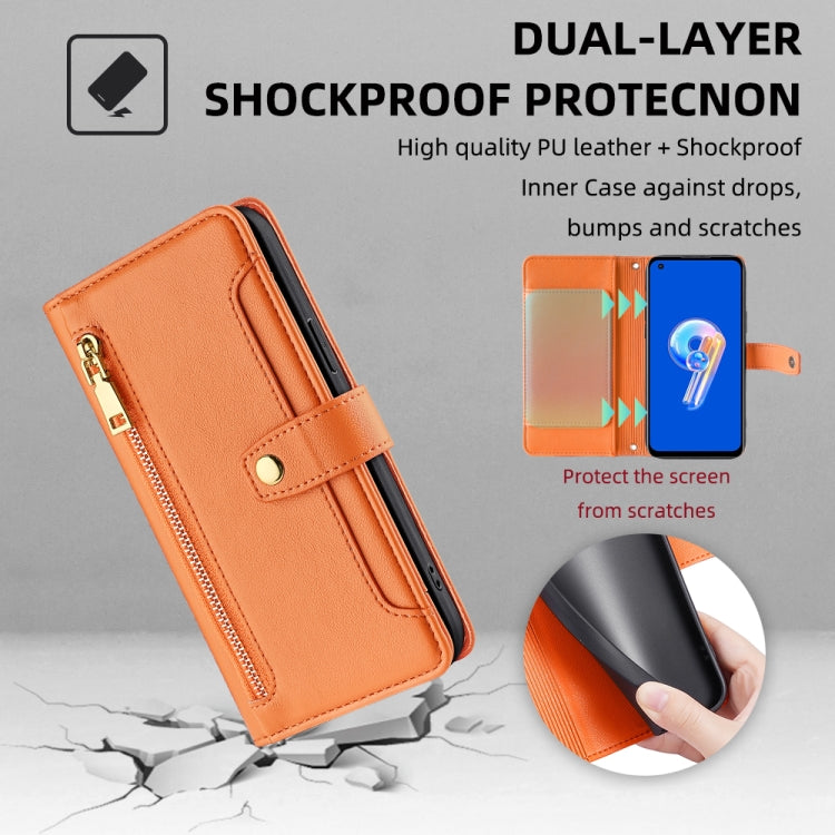 For ASUS Zenfone 9 / Zenfone 9Z Sheep Texture Cross-body Zipper Wallet Leather Phone Case(Orange) - ASUS Cases by PMC TechLife | Online Shopping South Africa | PMC TechLife | Buy Now Pay Later Mobicred