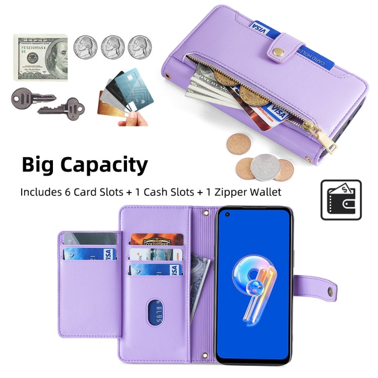 For ASUS Zenfone 9 / Zenfone 9Z Sheep Texture Cross-body Zipper Wallet Leather Phone Case(Purple) - ASUS Cases by PMC TechLife | Online Shopping South Africa | PMC TechLife | Buy Now Pay Later Mobicred
