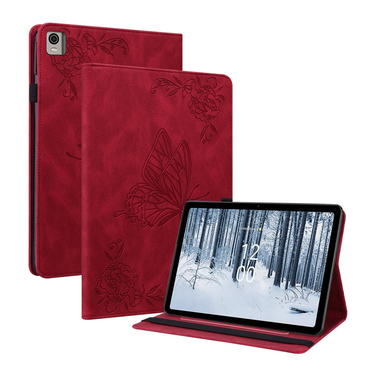 For Nokia T21 Butterfly Flower Embossed Leather Tablet Case(Red) - Nokia by PMC TechLife | Online Shopping South Africa | PMC TechLife | Buy Now Pay Later Mobicred