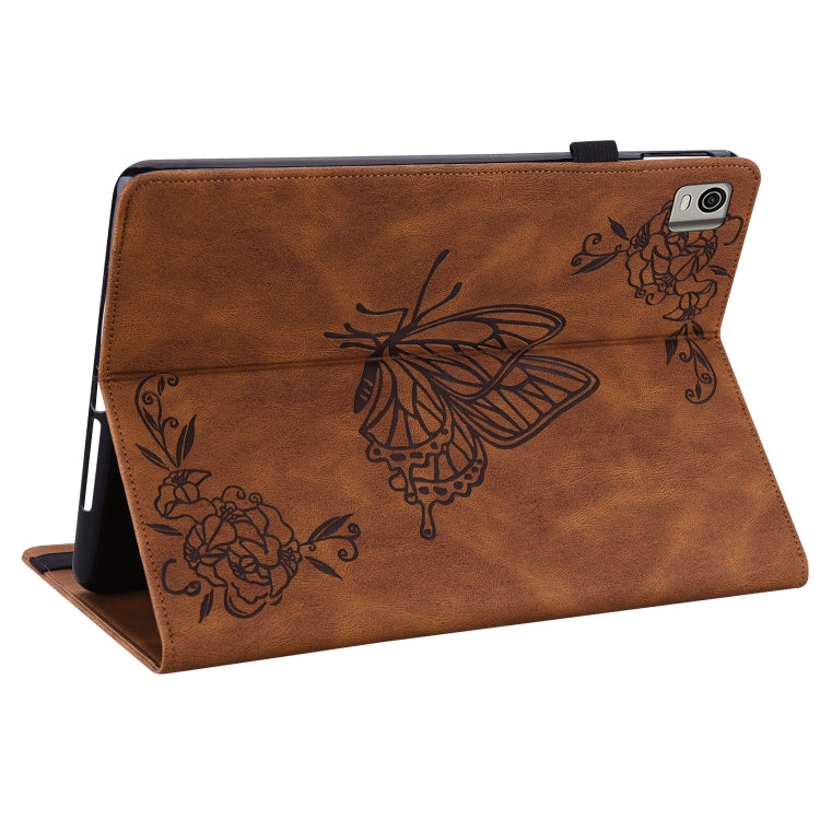 For Nokia T21 Butterfly Flower Embossed Leather Tablet Case(Brown) - Nokia by PMC TechLife | Online Shopping South Africa | PMC TechLife | Buy Now Pay Later Mobicred