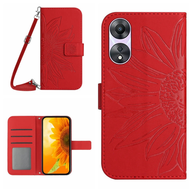 For OPPO A58 5G/A78 5G HT04 Skin Feel Sun Flower Embossed Flip Leather Phone Case with Lanyard(Red) - OPPO Cases by PMC TechLife | Online Shopping South Africa | PMC TechLife | Buy Now Pay Later Mobicred