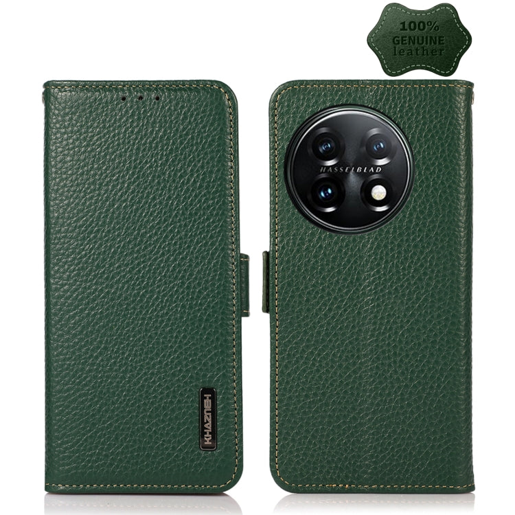 For OnePlus 11 KHAZNEH Side-Magnetic Litchi Genuine Leather RFID Phone Case(Green) - OnePlus Cases by PMC TechLife | Online Shopping South Africa | PMC TechLife | Buy Now Pay Later Mobicred
