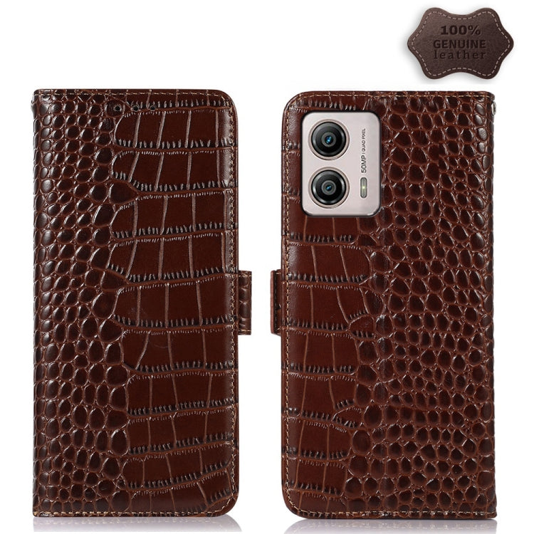 For Motorola Moto G53 5G Crocodile Top Layer Cowhide RFID Leather Phone Case(Brown) - Motorola Cases by PMC TechLife | Online Shopping South Africa | PMC TechLife | Buy Now Pay Later Mobicred