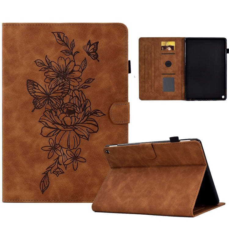 For Amazon Kindle Fire HD10 2021 Peony Butterfly Embossed Leather Smart Tablet Case(Brown) - Amazon by PMC TechLife | Online Shopping South Africa | PMC TechLife | Buy Now Pay Later Mobicred