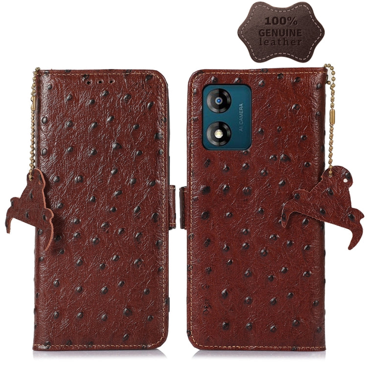 For Motorola Moto E13 4G 2023 Ostrich Pattern Genuine Leather RFID Phone Case(Coffee) - Motorola Cases by PMC TechLife | Online Shopping South Africa | PMC TechLife | Buy Now Pay Later Mobicred