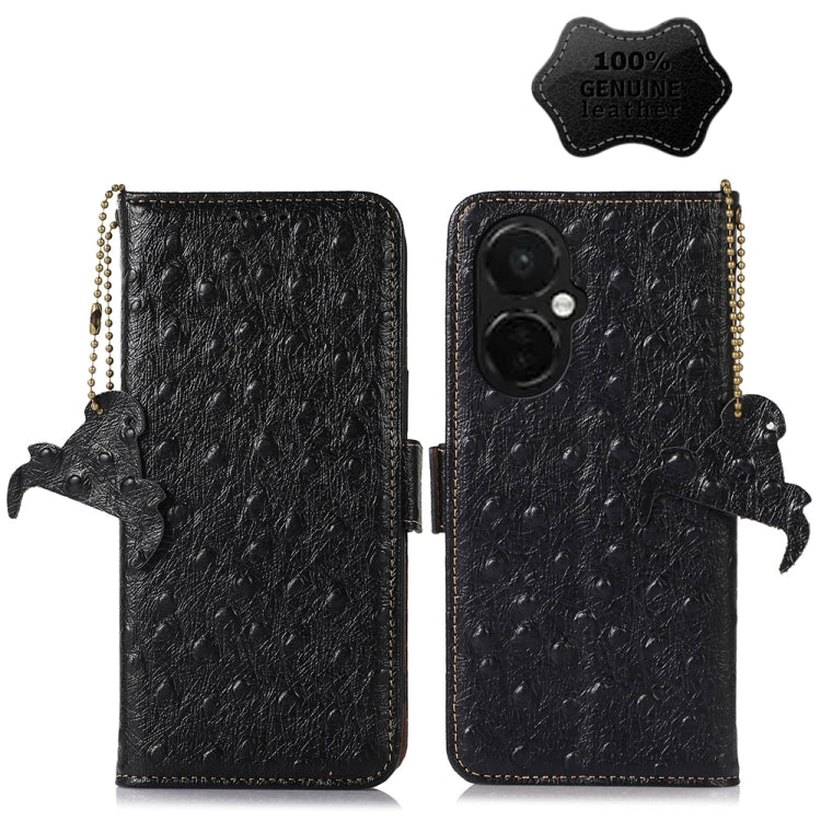 For OnePlus Nord CE 3 Lite Ostrich Pattern Genuine Leather RFID Phone Case(Black) - OnePlus Cases by PMC TechLife | Online Shopping South Africa | PMC TechLife | Buy Now Pay Later Mobicred