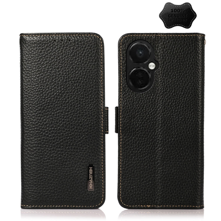 For OnePlus Nord CE 3 KHAZNEH Side-Magnetic Litchi Genuine Leather RFID Phone Case(Black) - OnePlus Cases by PMC TechLife | Online Shopping South Africa | PMC TechLife | Buy Now Pay Later Mobicred