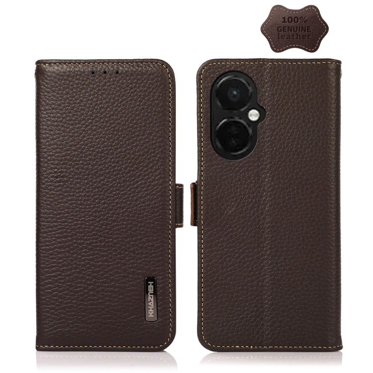 For OnePlus Nord CE 3 KHAZNEH Side-Magnetic Litchi Genuine Leather RFID Phone Case(Brown) - OnePlus Cases by PMC TechLife | Online Shopping South Africa | PMC TechLife | Buy Now Pay Later Mobicred