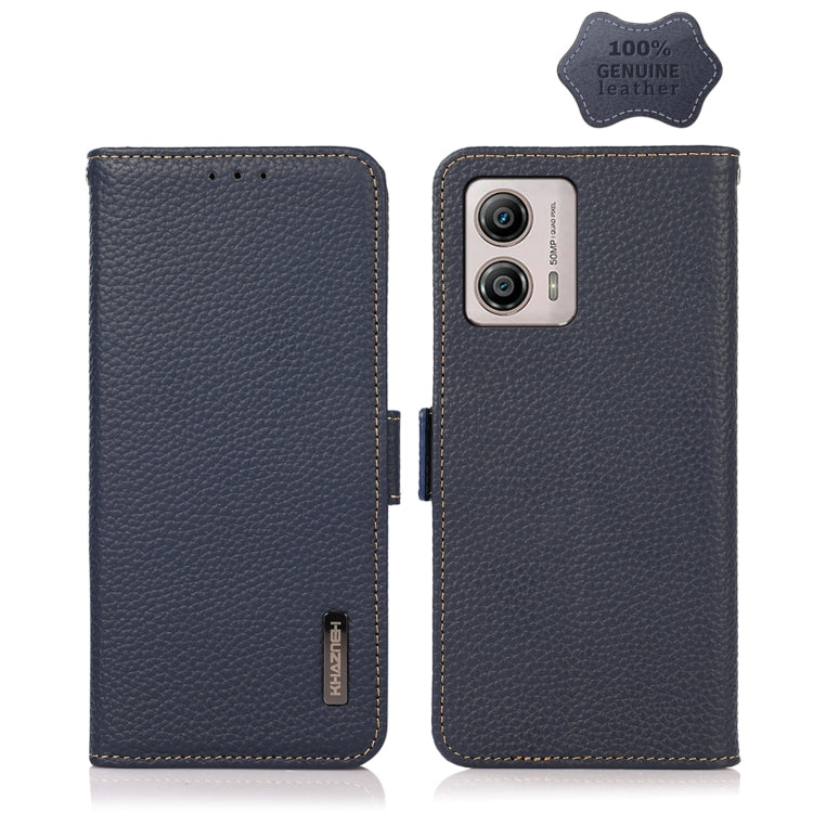 For Motorola Moto G13 / G23 / G53 5G KHAZNEH Side-Magnetic Litchi Genuine Leather RFID Phone Case(Blue) - Motorola Cases by PMC TechLife | Online Shopping South Africa | PMC TechLife | Buy Now Pay Later Mobicred