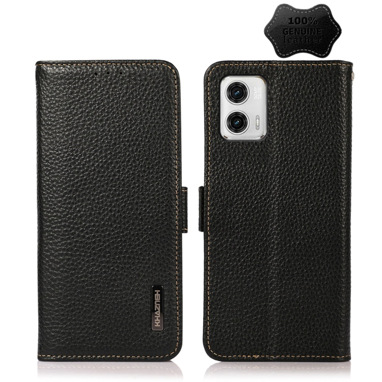 For Motorola Moto G73 5G KHAZNEH Side-Magnetic Litchi Genuine Leather RFID Phone Case(Black) - Motorola Cases by PMC TechLife | Online Shopping South Africa | PMC TechLife | Buy Now Pay Later Mobicred