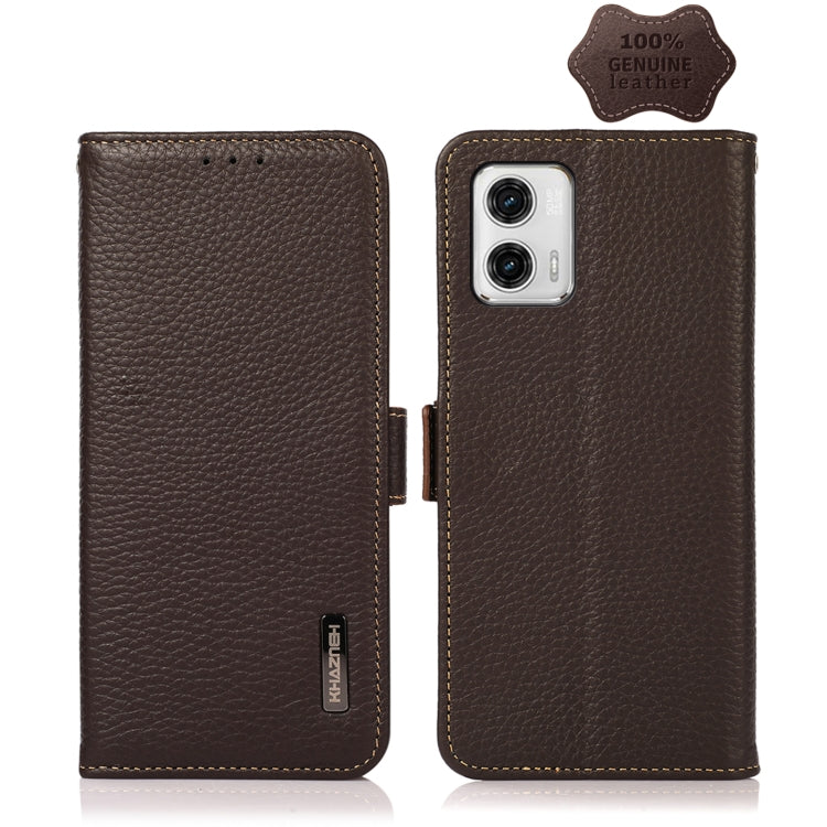 For Motorola Moto G73 5G KHAZNEH Side-Magnetic Litchi Genuine Leather RFID Phone Case(Brown) - Motorola Cases by PMC TechLife | Online Shopping South Africa | PMC TechLife | Buy Now Pay Later Mobicred
