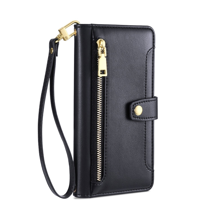 For Motorola Moto E13 4G Sheep Texture Cross-body Zipper Wallet Leather Phone Case(Black) - Motorola Cases by PMC TechLife | Online Shopping South Africa | PMC TechLife | Buy Now Pay Later Mobicred