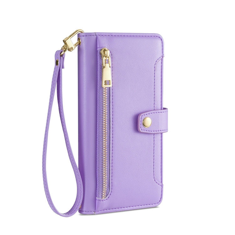 For Motorola Moto E13 4G Sheep Texture Cross-body Zipper Wallet Leather Phone Case(Purple) - Motorola Cases by PMC TechLife | Online Shopping South Africa | PMC TechLife | Buy Now Pay Later Mobicred