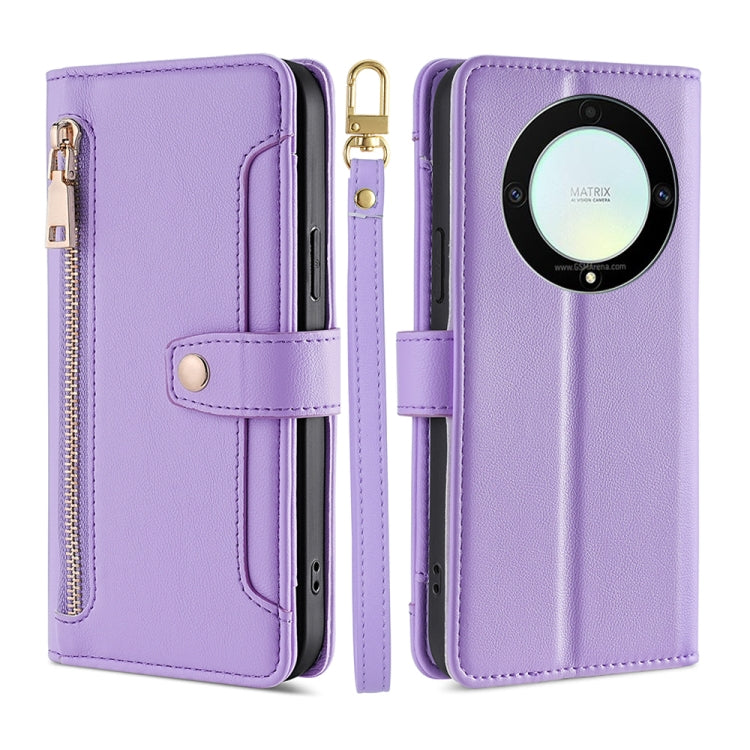 For Honor X9a 5G Sheep Texture Cross-body Zipper Wallet Leather Phone Case(Purple) - Honor Cases by PMC TechLife | Online Shopping South Africa | PMC TechLife | Buy Now Pay Later Mobicred