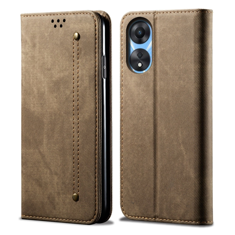 For OPPO A58 5G / A58x / A78 5G Denim Texture Leather Phone Case(Khaki) - OPPO Cases by PMC TechLife | Online Shopping South Africa | PMC TechLife | Buy Now Pay Later Mobicred