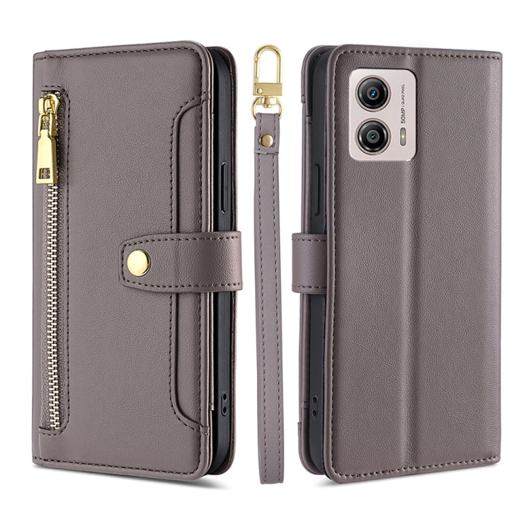 For Motorola Moto G53 5G/G13 4G/G23 4G Sheep Texture Cross-body Zipper Wallet Leather Phone Case(Grey) - Motorola Cases by PMC TechLife | Online Shopping South Africa | PMC TechLife | Buy Now Pay Later Mobicred
