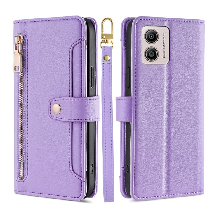 For Motorola Moto G53 5G/G13 4G/G23 4G Sheep Texture Cross-body Zipper Wallet Leather Phone Case(Purple) - Motorola Cases by PMC TechLife | Online Shopping South Africa | PMC TechLife | Buy Now Pay Later Mobicred