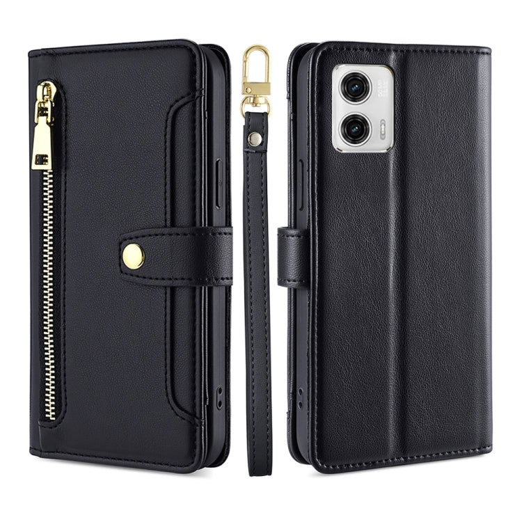 For Motorola Moto G73 5G Sheep Texture Cross-body Zipper Wallet Leather Phone Case(Black) - Motorola Cases by PMC TechLife | Online Shopping South Africa | PMC TechLife | Buy Now Pay Later Mobicred