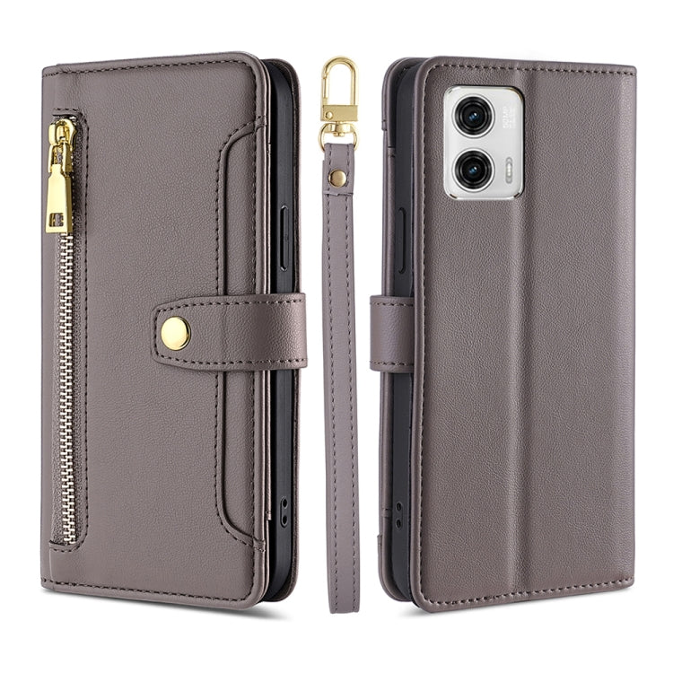 For Motorola Moto G73 5G Sheep Texture Cross-body Zipper Wallet Leather Phone Case(Grey) - Motorola Cases by PMC TechLife | Online Shopping South Africa | PMC TechLife | Buy Now Pay Later Mobicred