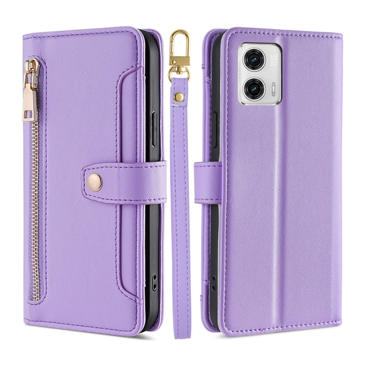 For Motorola Moto G73 5G Sheep Texture Cross-body Zipper Wallet Leather Phone Case(Purple) - Motorola Cases by PMC TechLife | Online Shopping South Africa | PMC TechLife | Buy Now Pay Later Mobicred