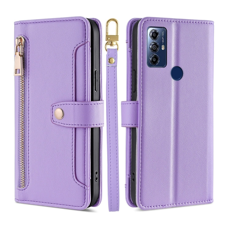 For Motorola Moto G Play 2023 Sheep Texture Cross-body Zipper Wallet Leather Phone Case(Purple) - Motorola Cases by PMC TechLife | Online Shopping South Africa | PMC TechLife | Buy Now Pay Later Mobicred