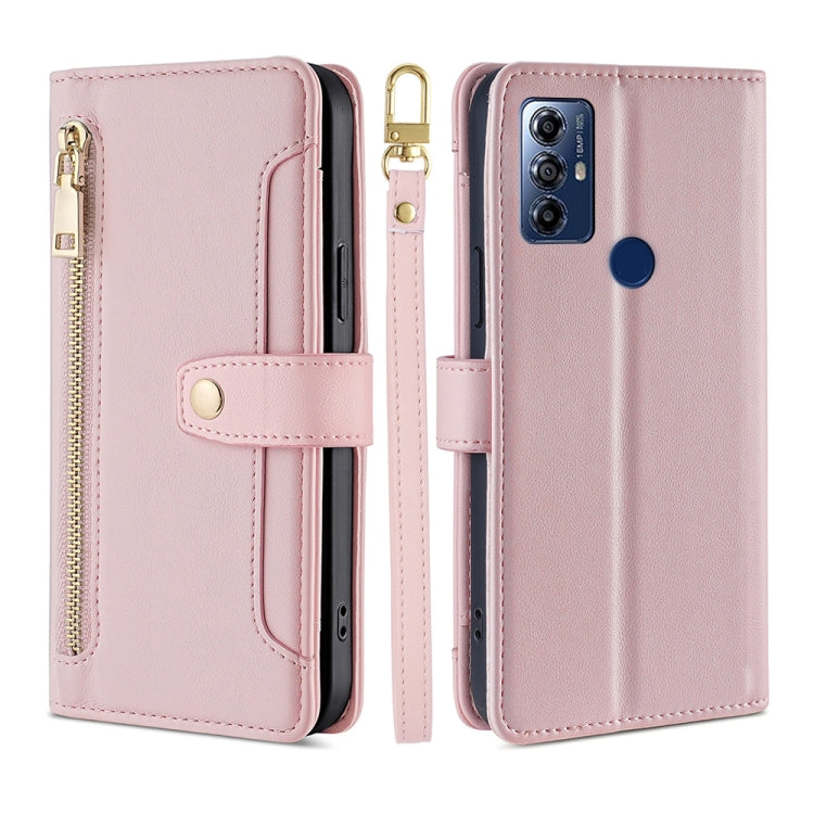 For Motorola Moto G Play 2023 Sheep Texture Cross-body Zipper Wallet Leather Phone Case(Pink) - Motorola Cases by PMC TechLife | Online Shopping South Africa | PMC TechLife | Buy Now Pay Later Mobicred