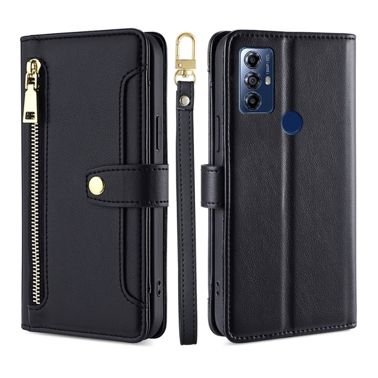 For Motorola Moto G Play 2023 Sheep Texture Cross-body Zipper Wallet Leather Phone Case(Black) - Motorola Cases by PMC TechLife | Online Shopping South Africa | PMC TechLife | Buy Now Pay Later Mobicred