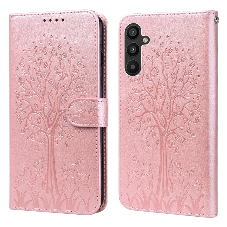 For Samsung Galaxy A34 5G Tree & Deer Pattern Pressed Printing Horizontal Flip Leather Phone Case(Pink) - Galaxy Phone Cases by PMC TechLife | Online Shopping South Africa | PMC TechLife | Buy Now Pay Later Mobicred
