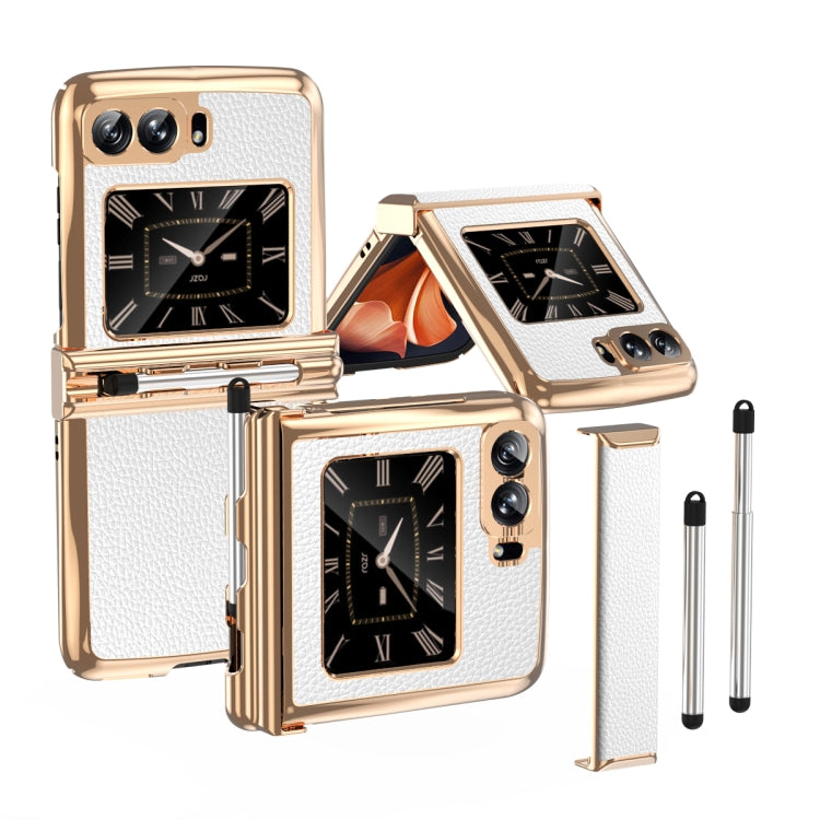 For Motorola Razr 2022 Foldable Electroplated Plain Leather Phone Case with Stylus(White) - Motorola Cases by PMC TechLife | Online Shopping South Africa | PMC TechLife | Buy Now Pay Later Mobicred